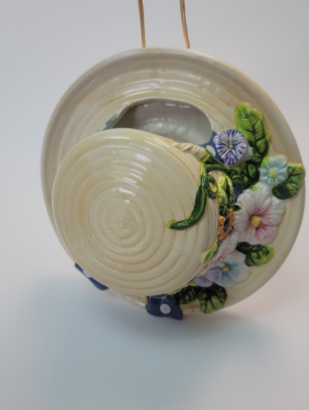Ceramic Art Wall Home Decor Wall Pocket Yellow Hat Floral Ribbon Hanging Vase